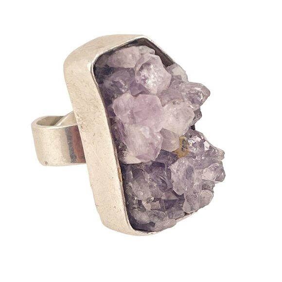 Raw Amethyst, Geode, Sterling Silver Ring Handmade Adjust - Picture 1 of 12